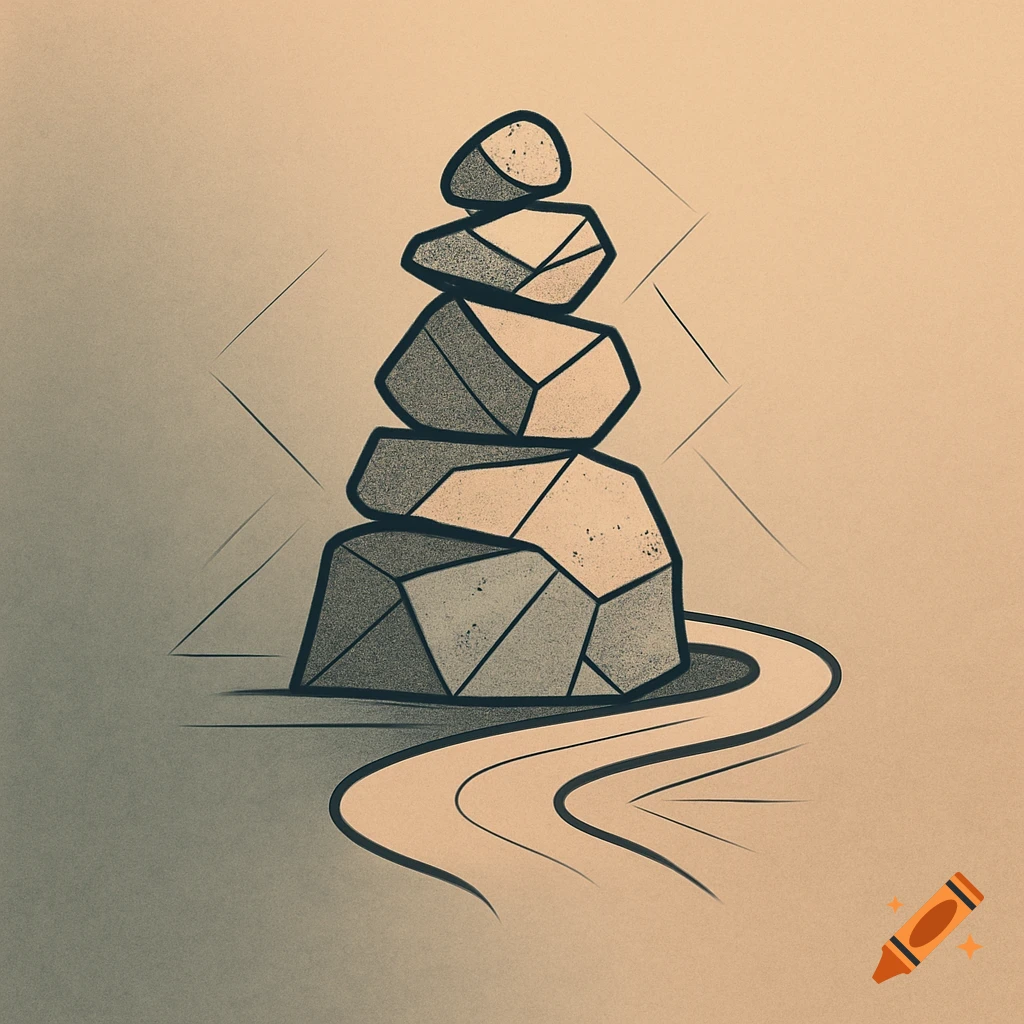 Stylized abstract logo drawing of a cairn, a stack of rocks, beside a winding path. Features geometric lines and textured fills.