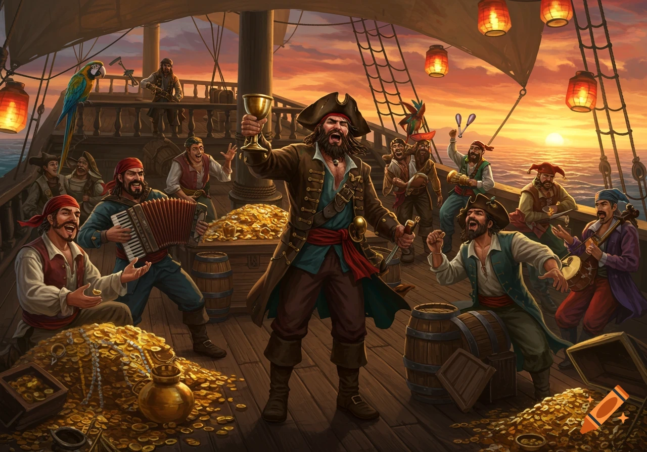 Detailed illustration of a group of joyful pirates celebrating on a ship deck at sunset, surrounded by piles of gold treasure.