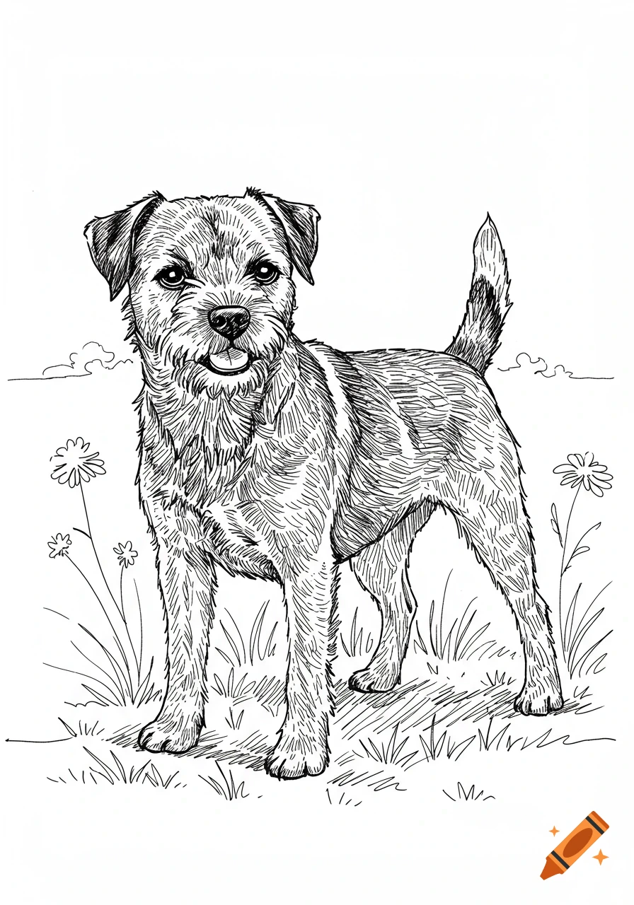 Black and white line art drawing of a Border Terrier dog standing in a field with flowers.