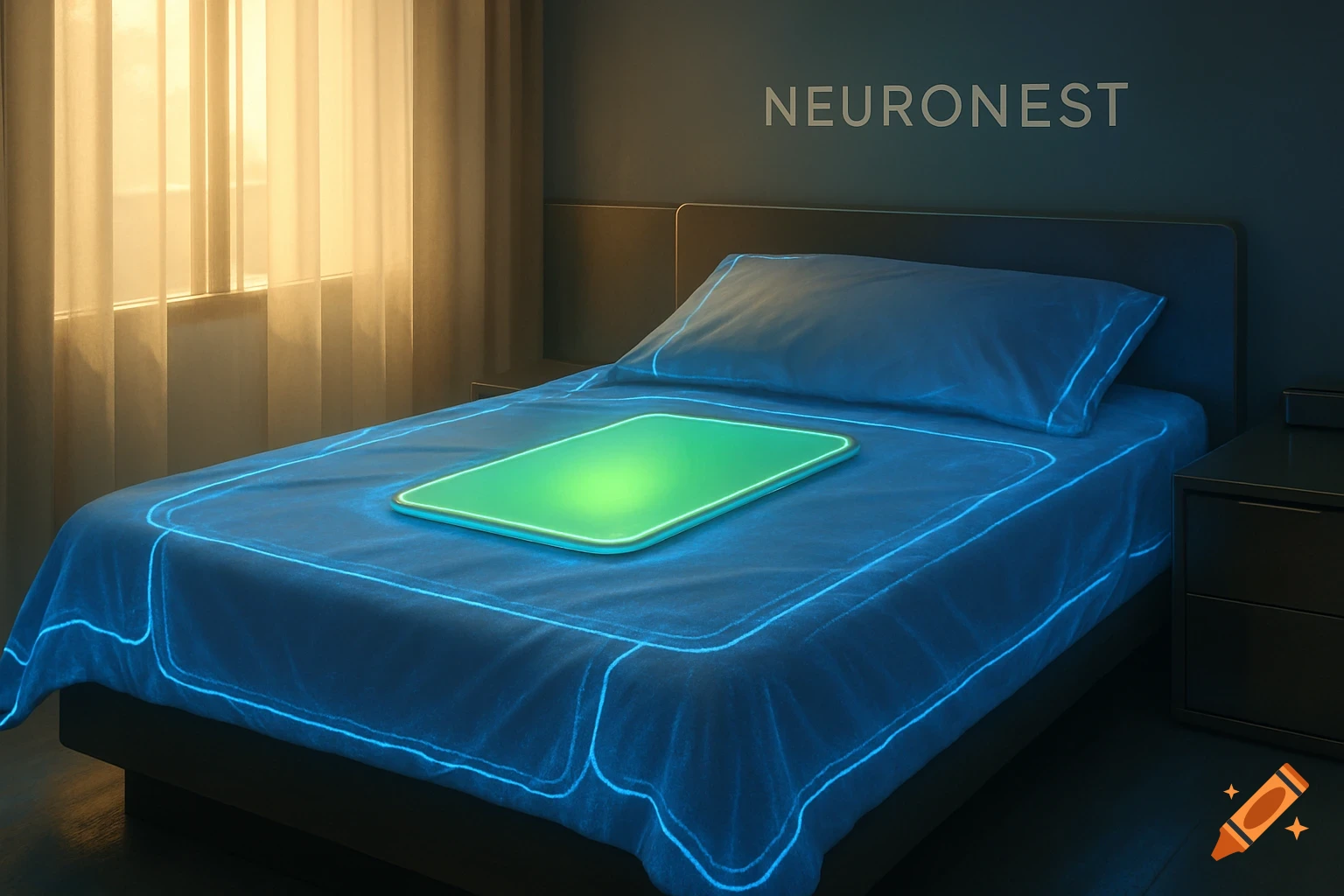 A high-tech bed with blue glowing lines on the sheets and a green glowing pad in the center, in a bedroom with 'NEURONEST' on the wall.