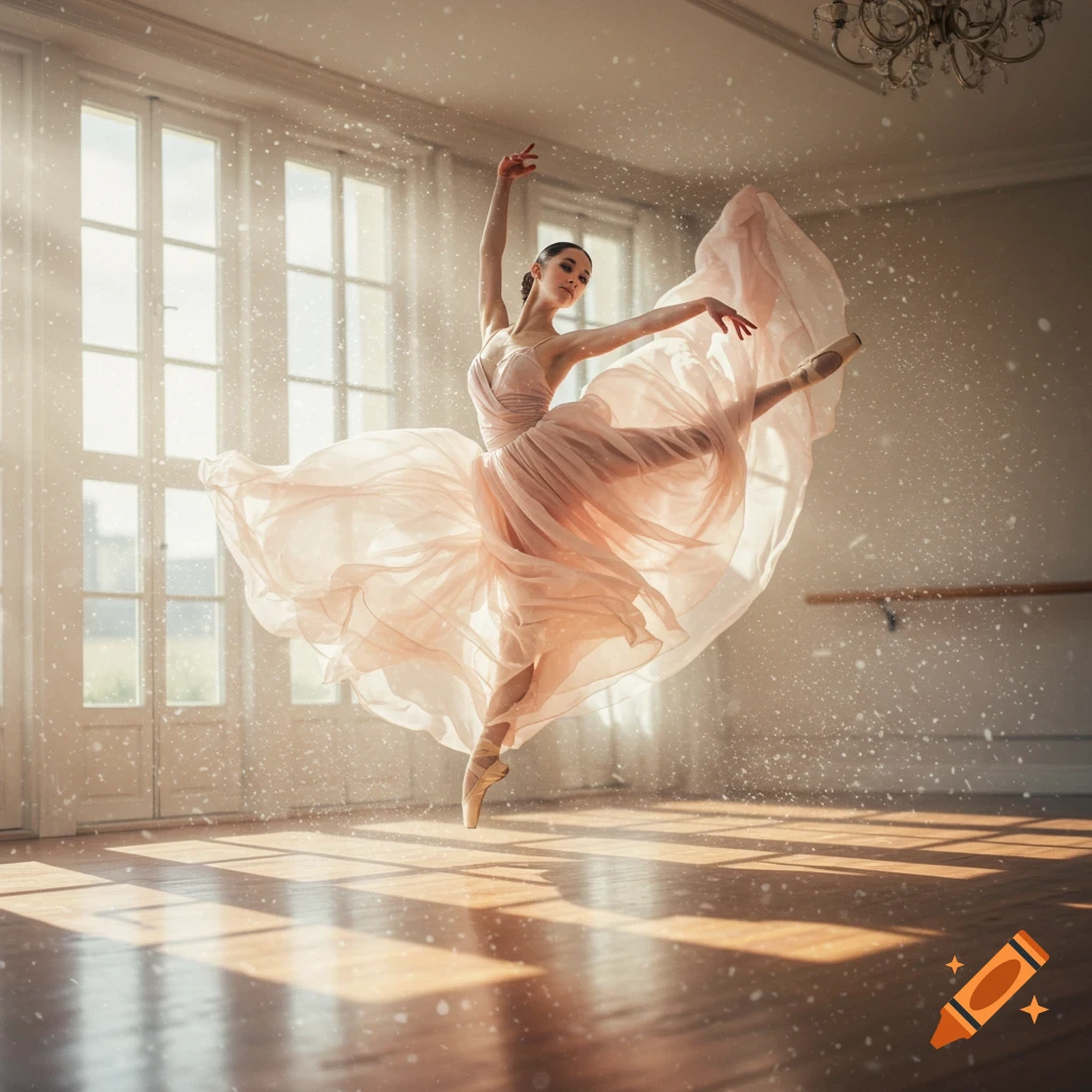 A graceful ballet dancer in a flowing pink dress leaps in a sunlit dance studio with large windows and floating particles.