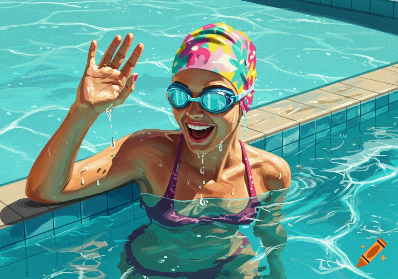 A vibrant illustration of a woman in a floral swim cap and goggles waving from a blue swimming pool.