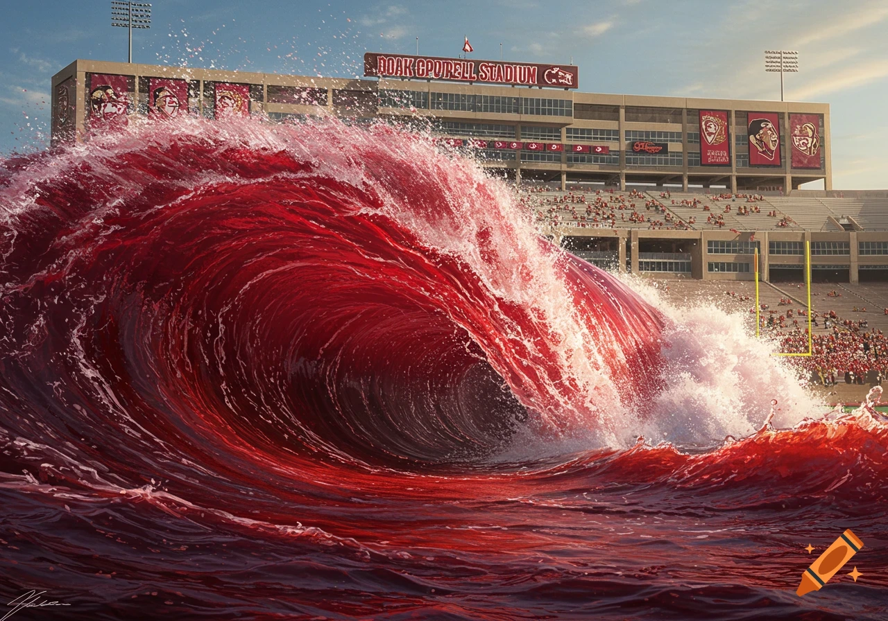 A giant, vibrant red wave crashes over a football field, spraying white foam, in front of a crowded stadium under a clear blue sky. Photorealistic style.