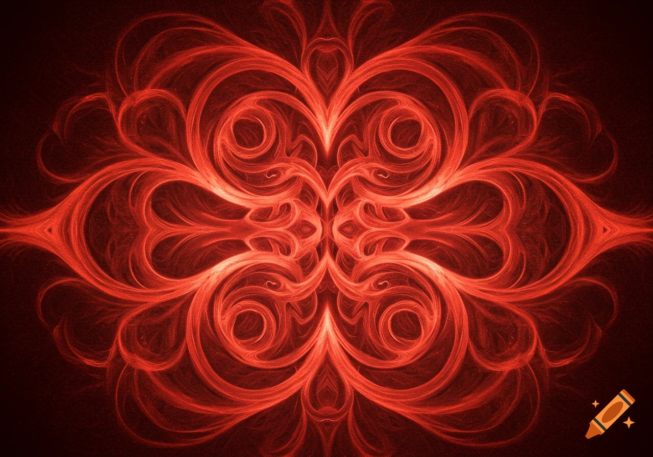 A symmetrical abstract fractal pattern composed of intricate, glowing red lines on a dark background.
