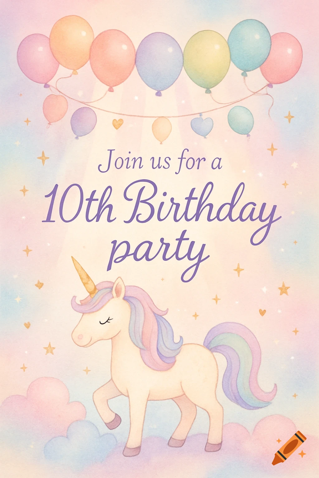 Pastel watercolor birthday invitation with a unicorn, balloons, and text "Join us for a 10th Birthday party."