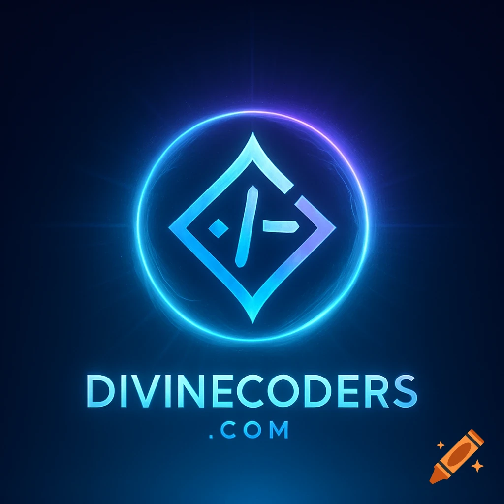 A futuristic neon blue and purple logo for Divinecoders.com, featuring a glowing diamond with coding symbols.