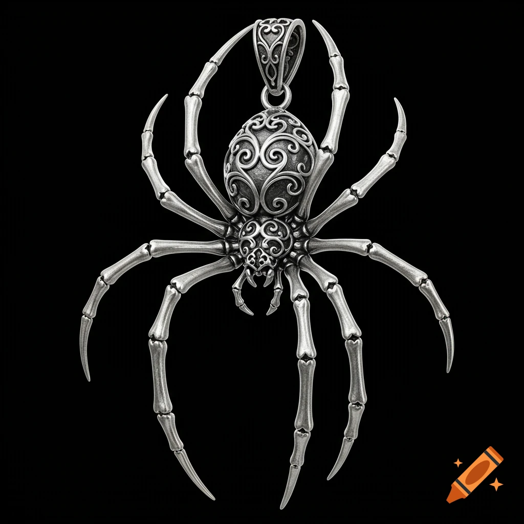 Detailed silver gothic spider pendant with bone-like legs on a black background.