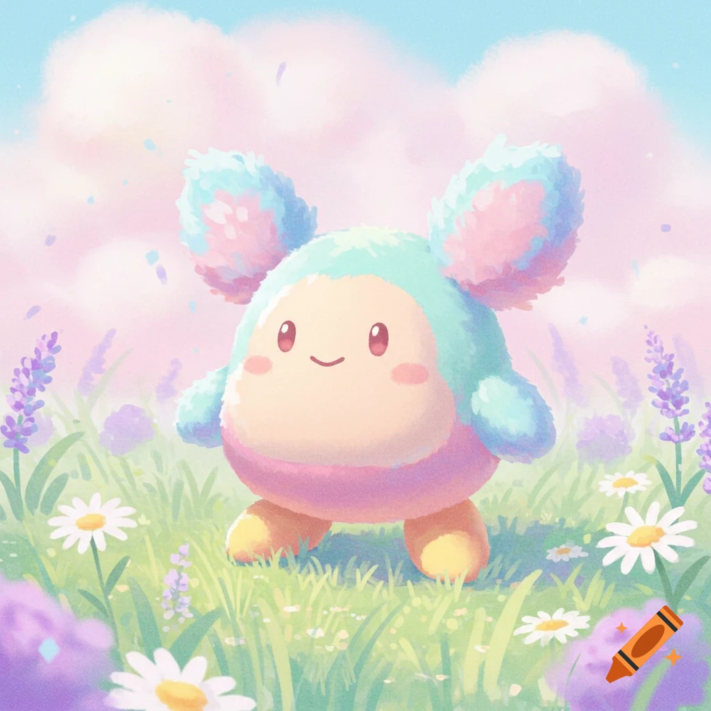 A pastel-colored, round creature with fluffy ears smiles in a field of purple flowers and daisies under a soft sky, in an illustration style.