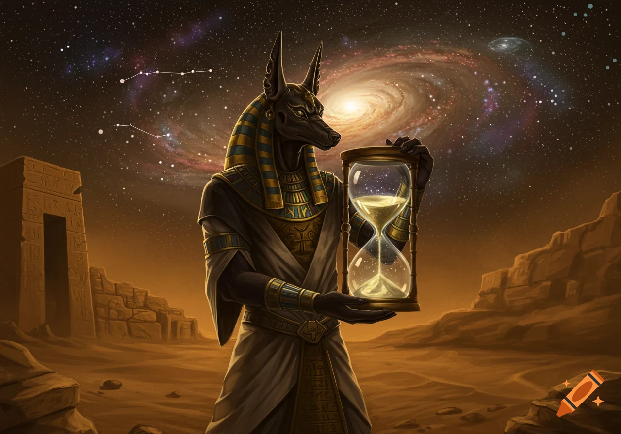 Anubis, an Egyptian god, stands in a desert under a starry galaxy sky, holding a glowing hourglass. Ancient structures are in the background.