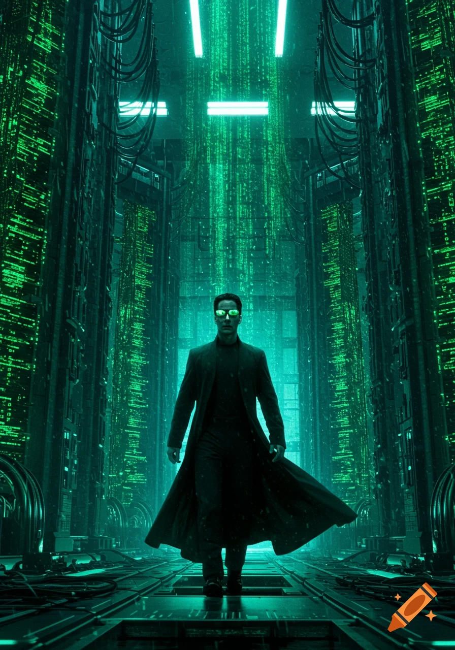 Neo-like figure in a long coat and sunglasses walks through a dark, futuristic data center with glowing green digital code.