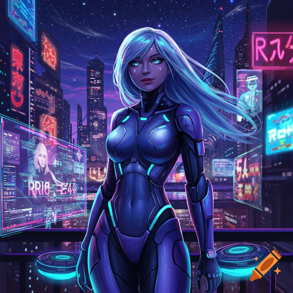 A futuristic woman with glowing blue eyes and long white hair stands in a neon-lit cyberpunk city at night, digital art.