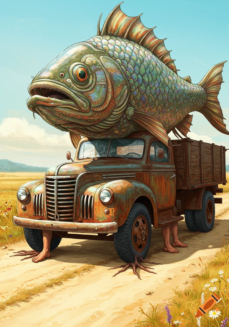 A rusty old truck with a giant fish head on its roof and human feet as wheels, parked on a dirt road in a sunny field.