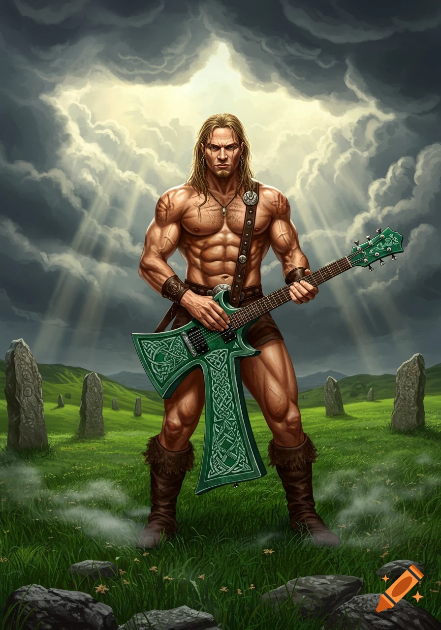 A muscular man with long blonde hair holds a green Celtic cross electric guitar in a field with standing stones under a dramatic, cloudy sky with sun rays.