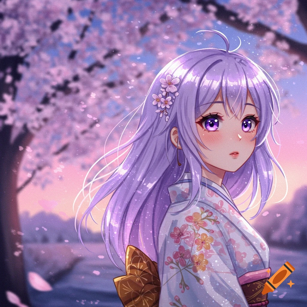 Anime girl with purple hair and eyes in a floral kimono, standing under pink cherry blossom trees at sunset.
