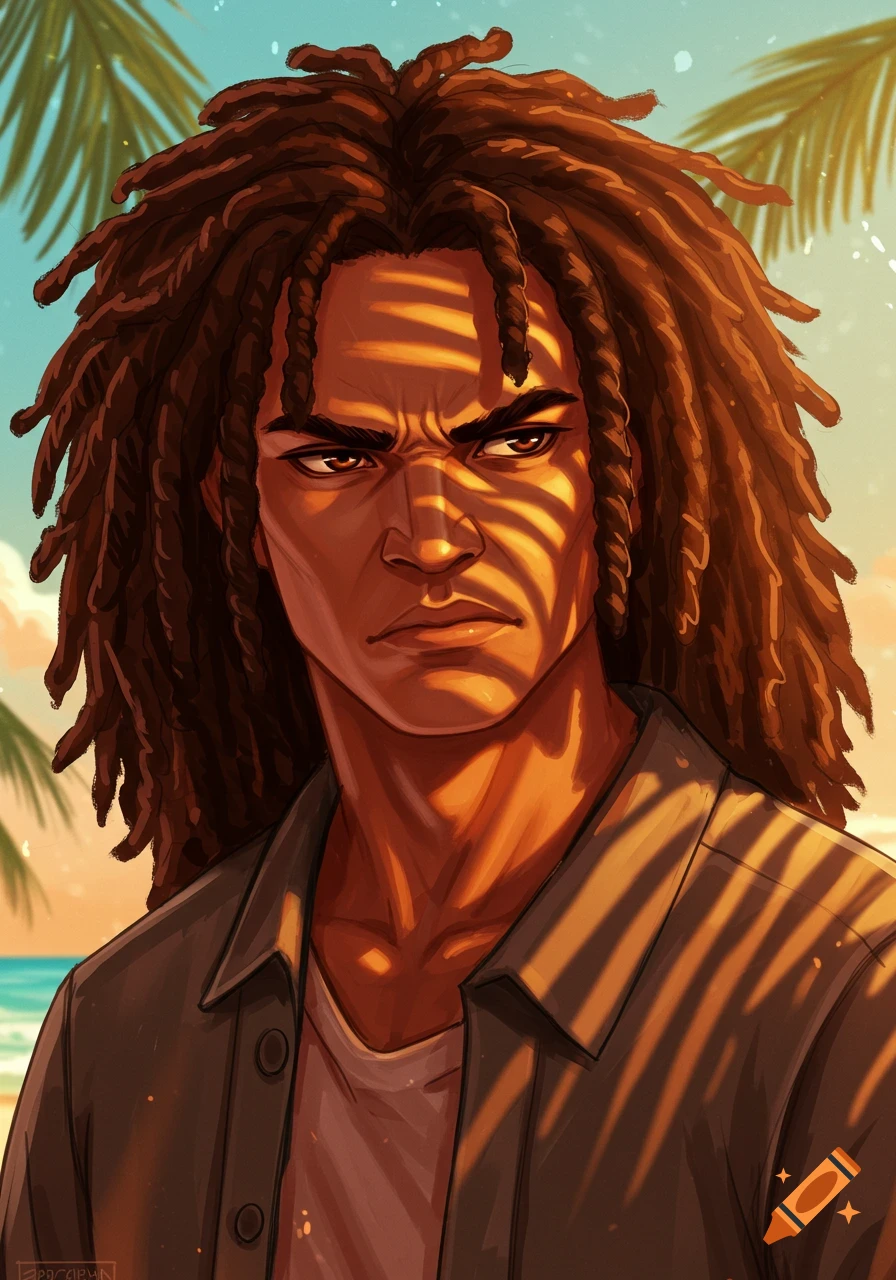 Animated portrait of a man with dreadlocks and an annoyed expression, dappled in sunlight, with a tropical beach background.