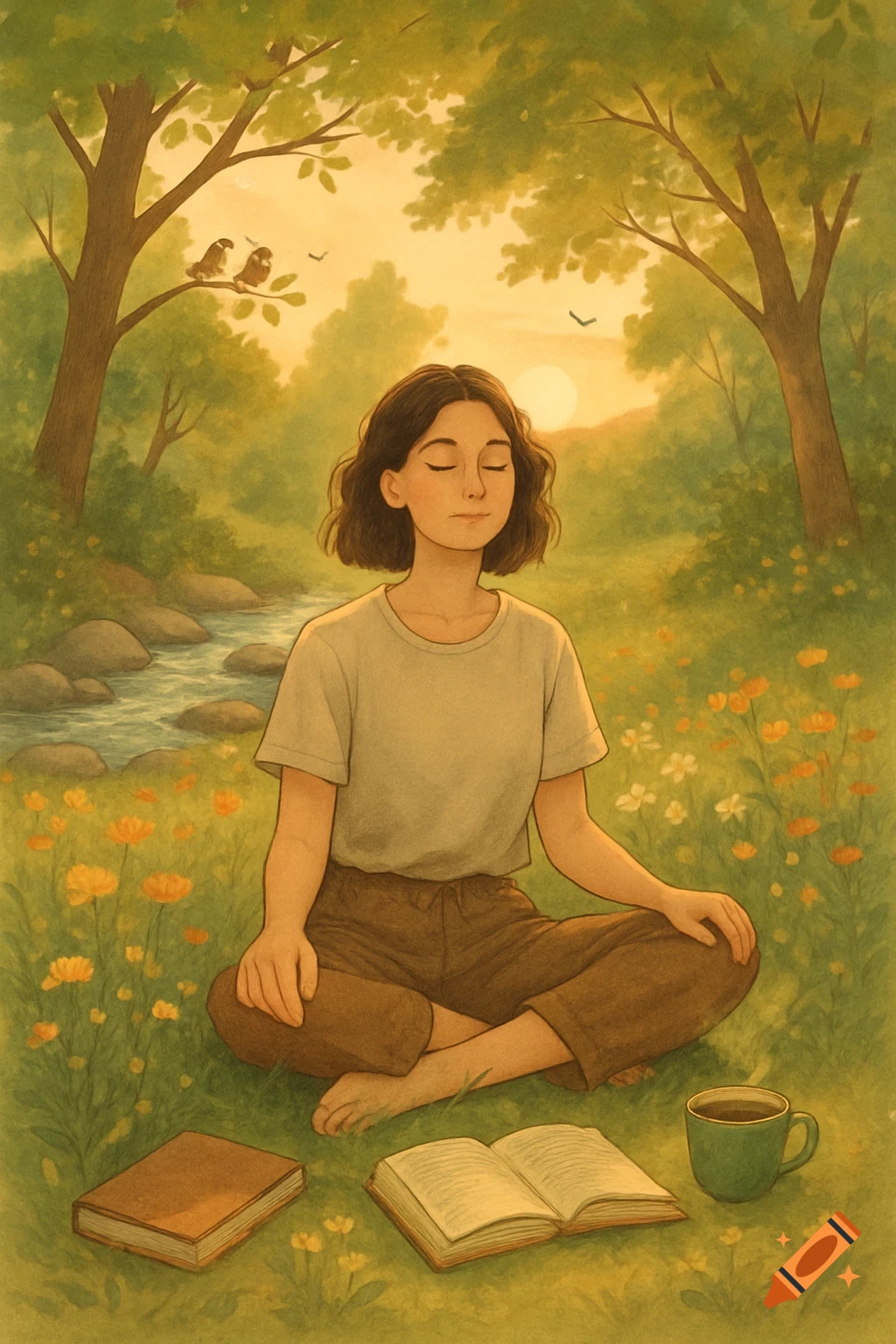 An illustrated woman meditates cross-legged in a sunny, flower-filled meadow by a stream, with books and a teacup.