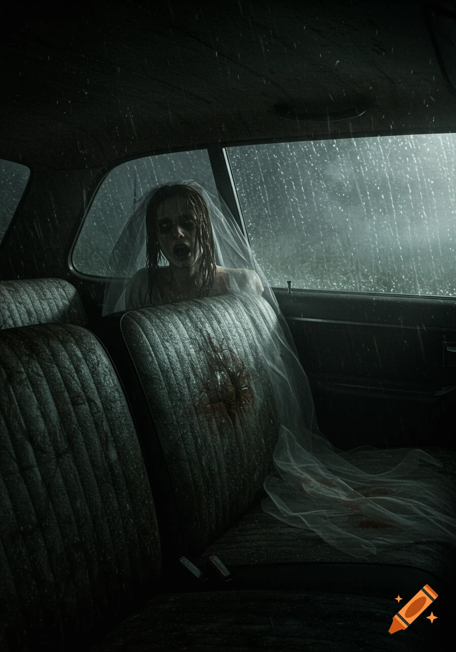 A distressed, pale bride with a bloody veil and dress sits in the backseat of a dark, rain-streaked car, evoking a PS1 horror cutscene style.