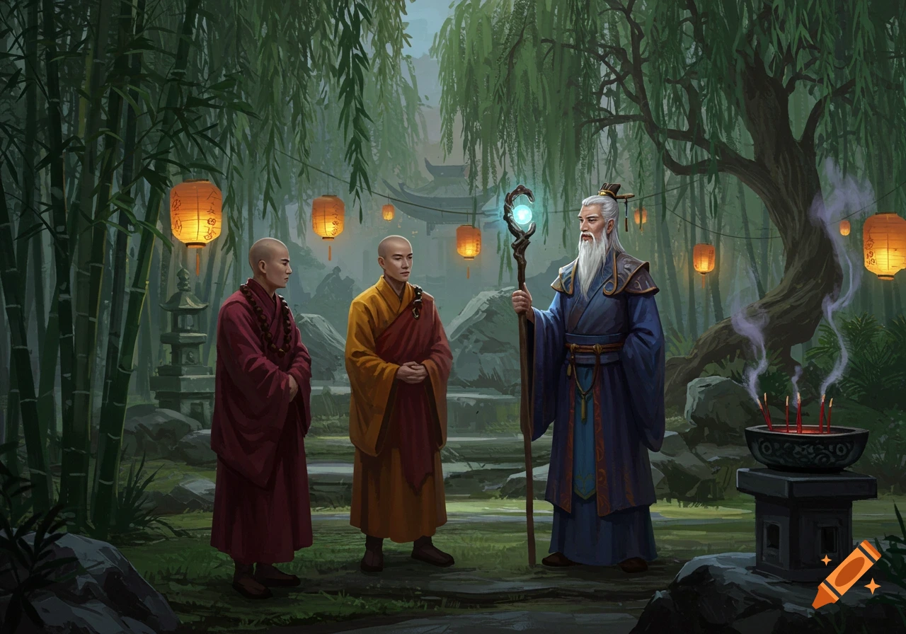Two monks and an old sorcerer with a glowing staff stand in a bamboo forest with hanging lanterns and an incense burner. Digital painting.