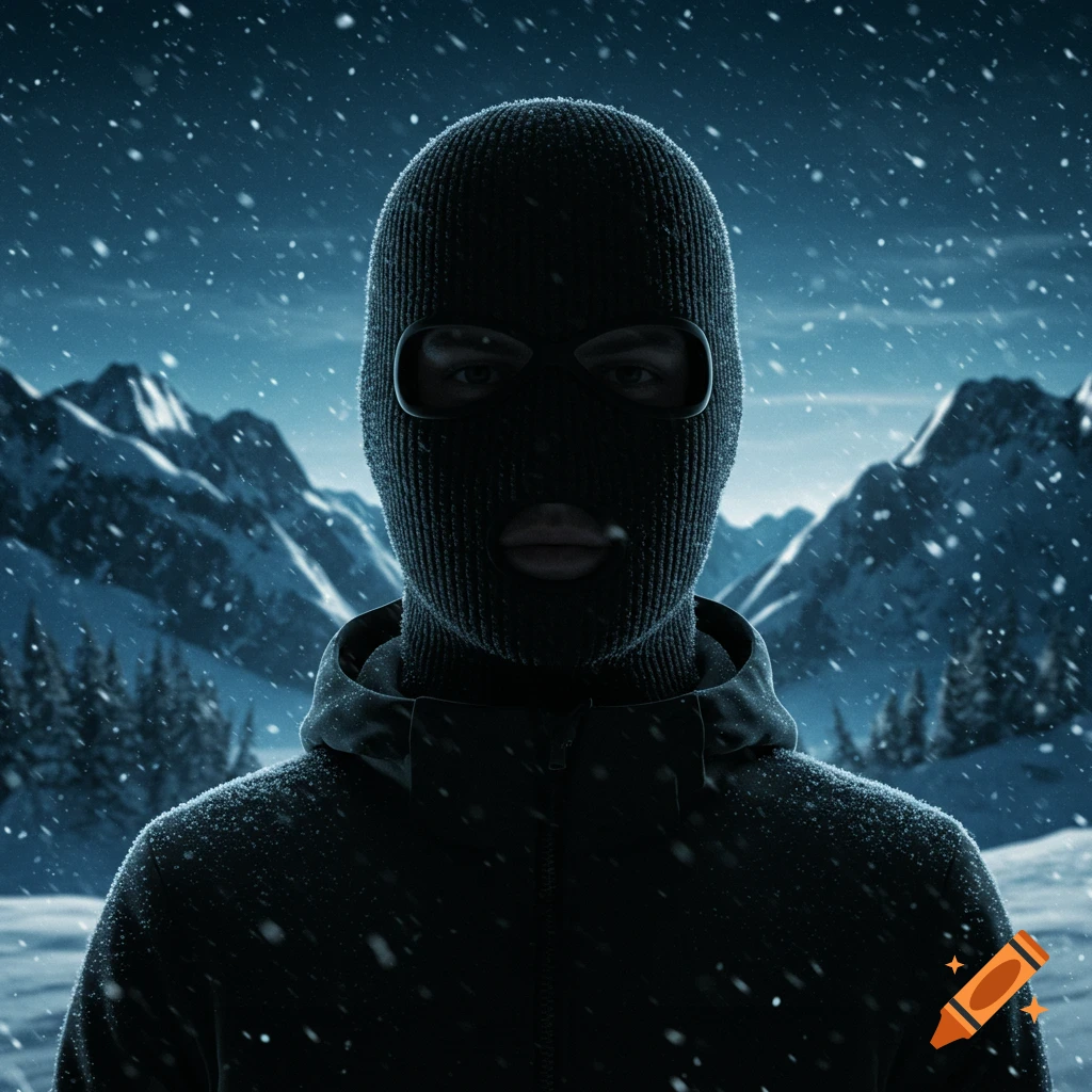Photorealistic portrait of a person wearing a black ski mask, with snow falling in a mountainous winter landscape.