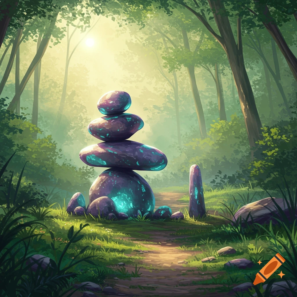 Stylized illustration of glowing purple stones stacked as a cairn on a forest path with sunlight filtering through green trees.