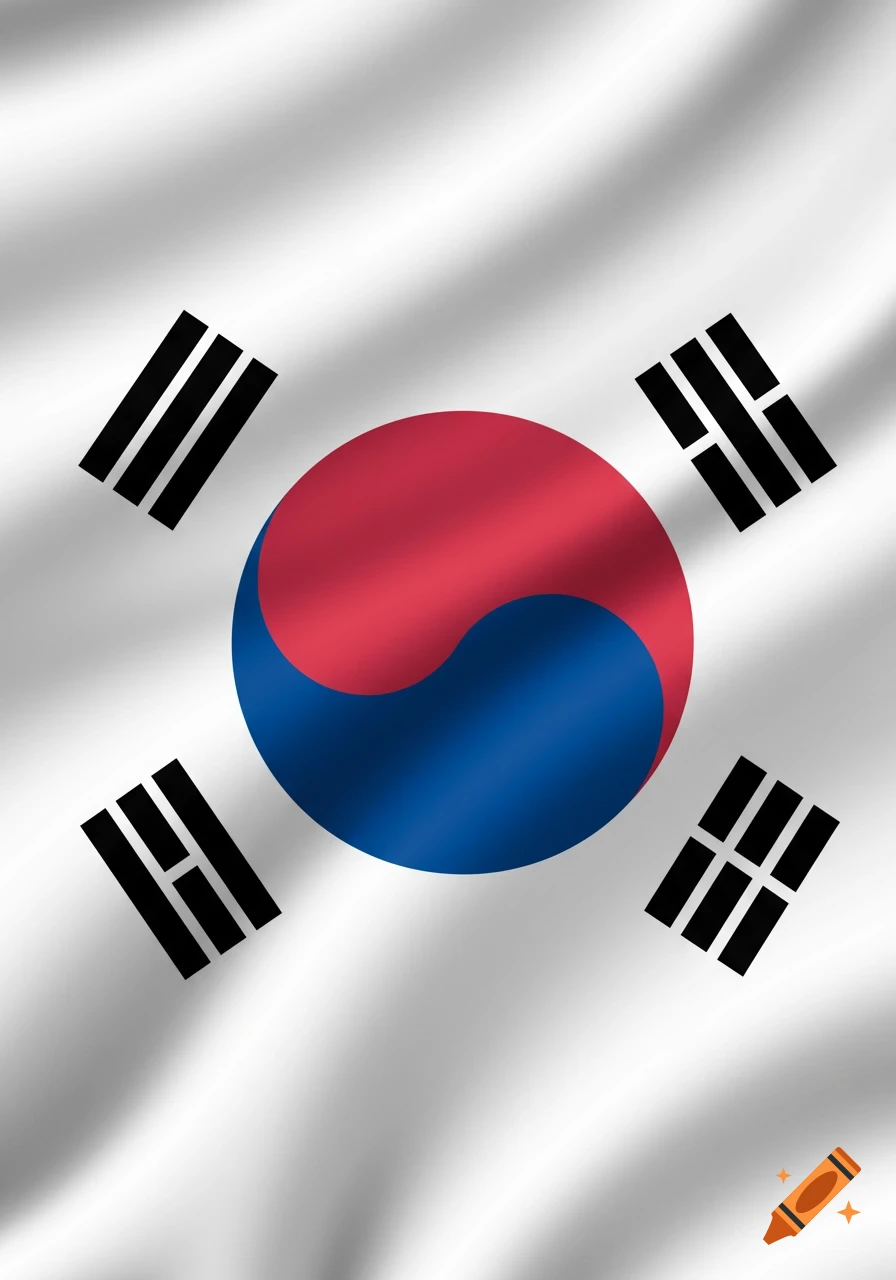 Waving South Korean flag (Taegeukgi) with a red and blue yin-yang symbol and four black trigrams on a white background.
