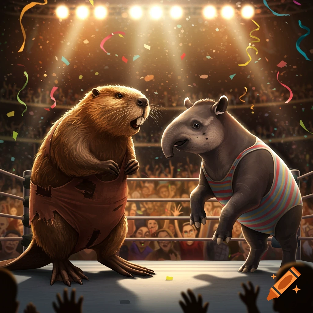 An anthropomorphic beaver and tapir, dressed in wrestling attire, face each other in a brightly lit wrestling ring with a cheering crowd and falling confetti.