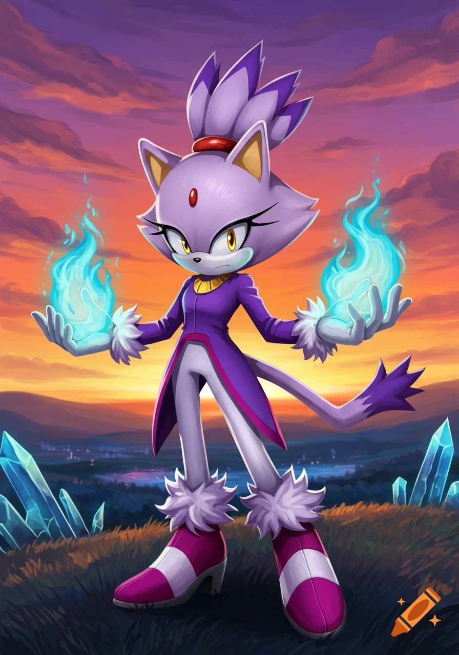 Blaze the Cat, a purple feline character from Sonic, stands holding blue flames in her hands, against a vibrant sunset sky and a landscape with crystal shards.