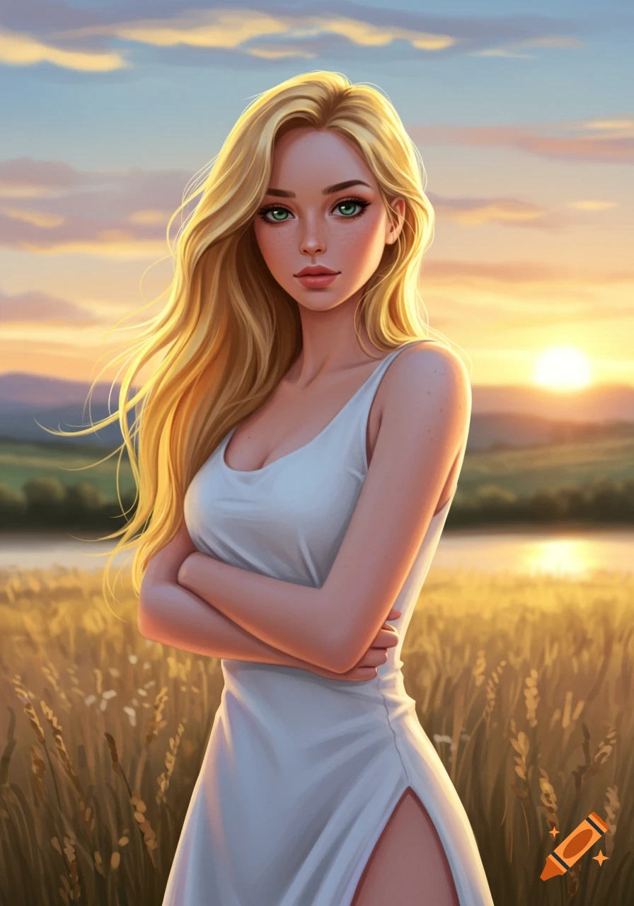 Digital illustration of a slim blonde woman with green eyes, arms crossed, standing in a golden wheat field at sunset.