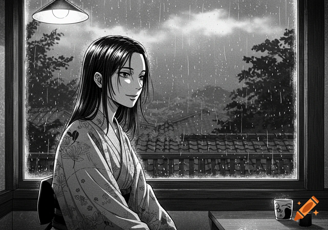 A manga-style drawing of a woman in a kimono looking out a window at a rainy day.