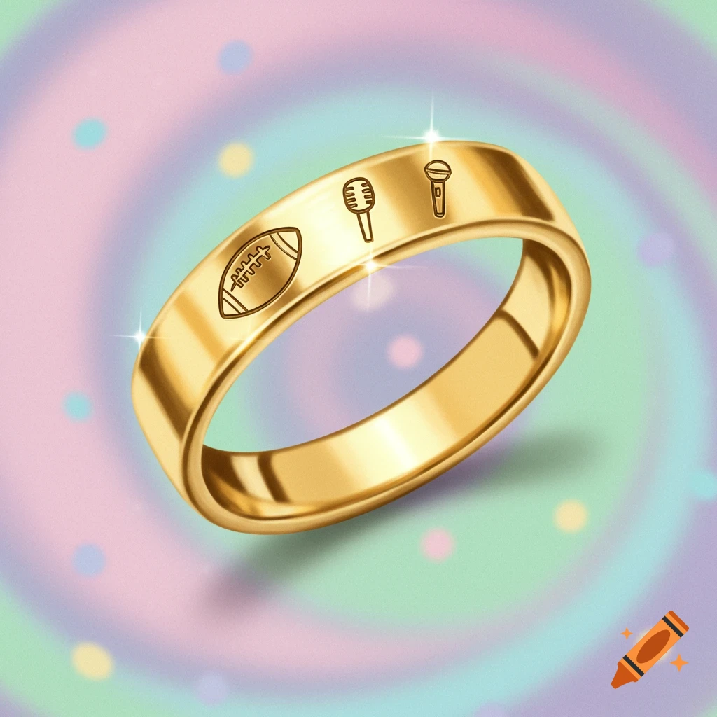 A gleaming gold ring engraved with a football and two microphones, against a swirling pastel background with sparkles.