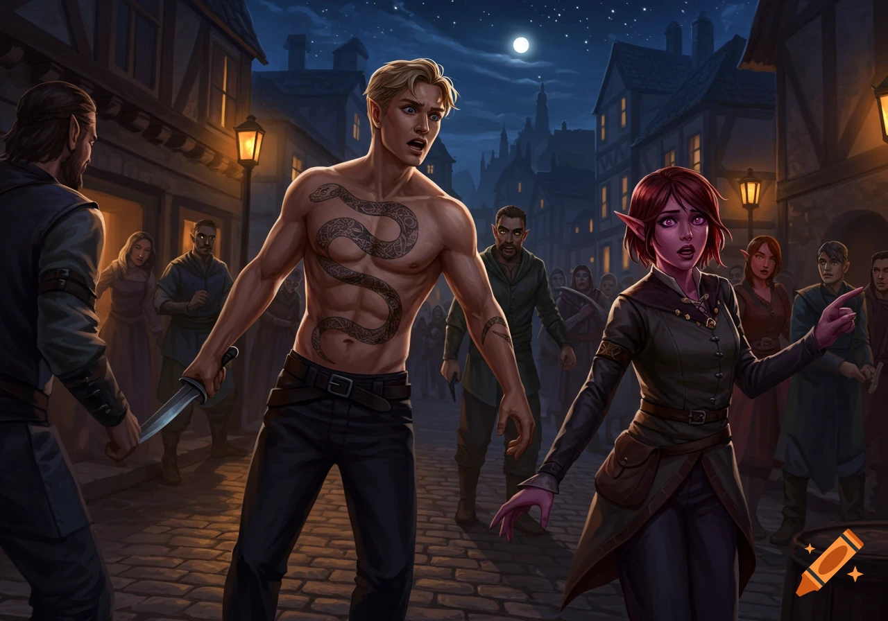 A muscular, shirtless man with a snake tattoo holds a knife, surprised by a man behind him, while a pink-skinned elf points in a nighttime town street.