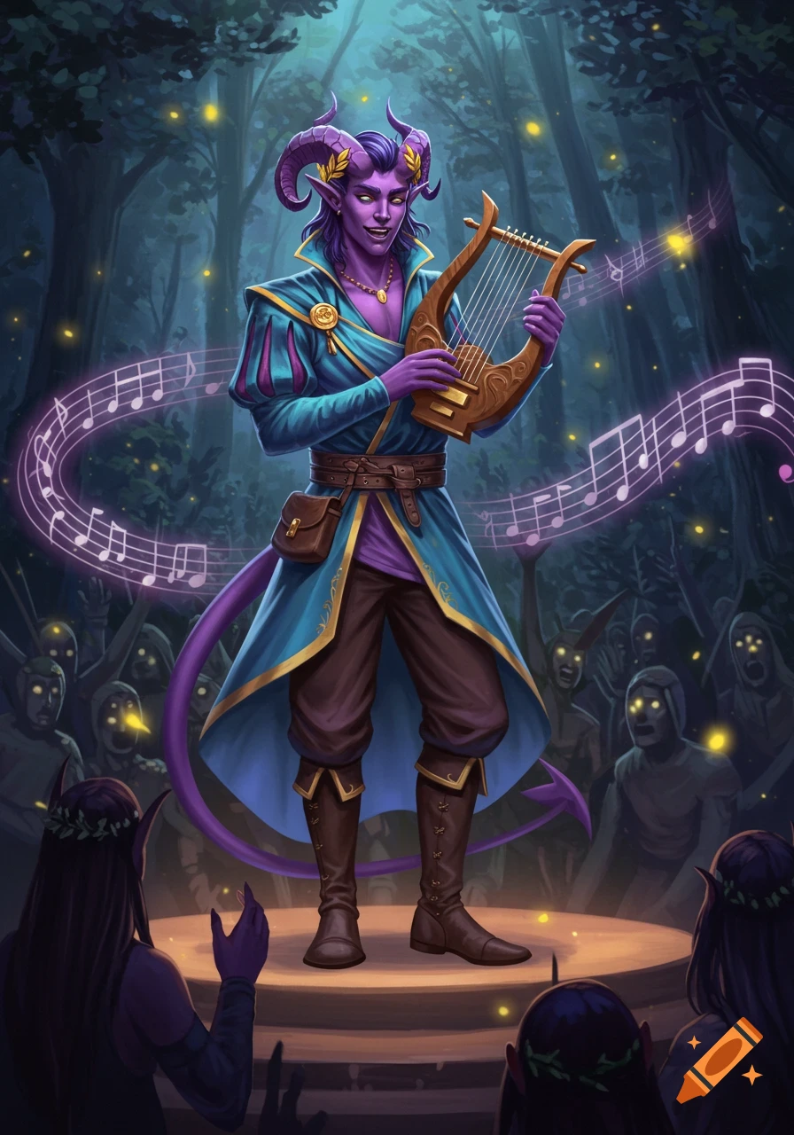 A purple-skinned male Tiefling bard with horns plays a lyre in a dark fantasy forest for a ghostly audience.