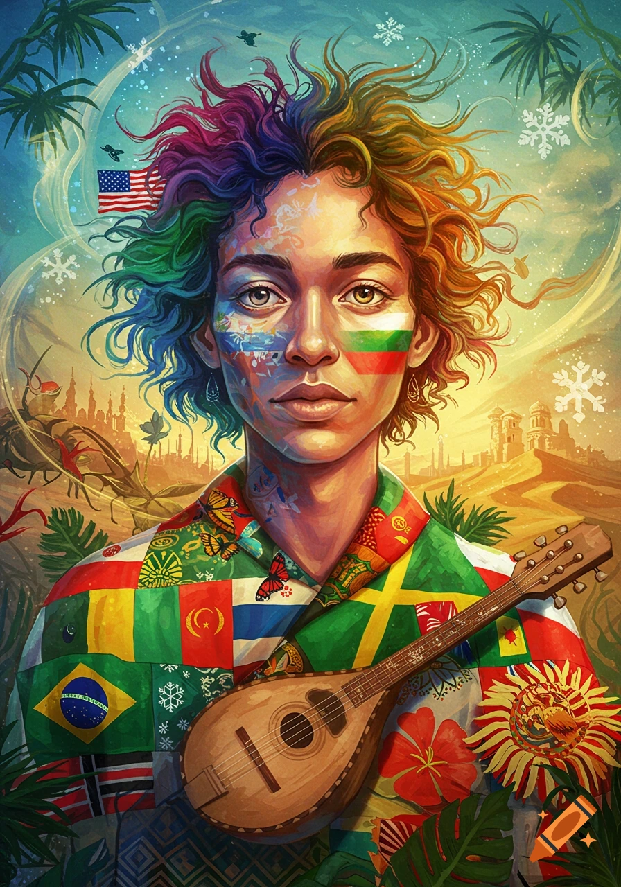 A stylized portrait of a person with rainbow hair, a patchwork shirt made of international flags, holding a string instrument, against a surreal, colorful landscape with global elements.