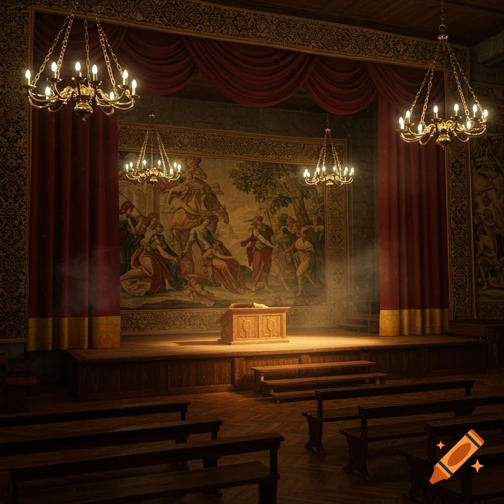 A grand, empty theater stage with red curtains, chandeliers, a large tapestry, and rows of wooden benches.