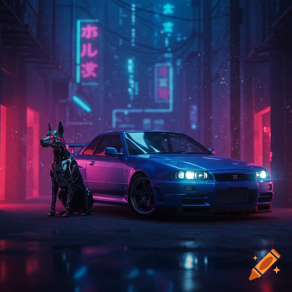 A black robot dog sits beside a blue Nissan Skyline in a neon-lit cyberpunk city alley.