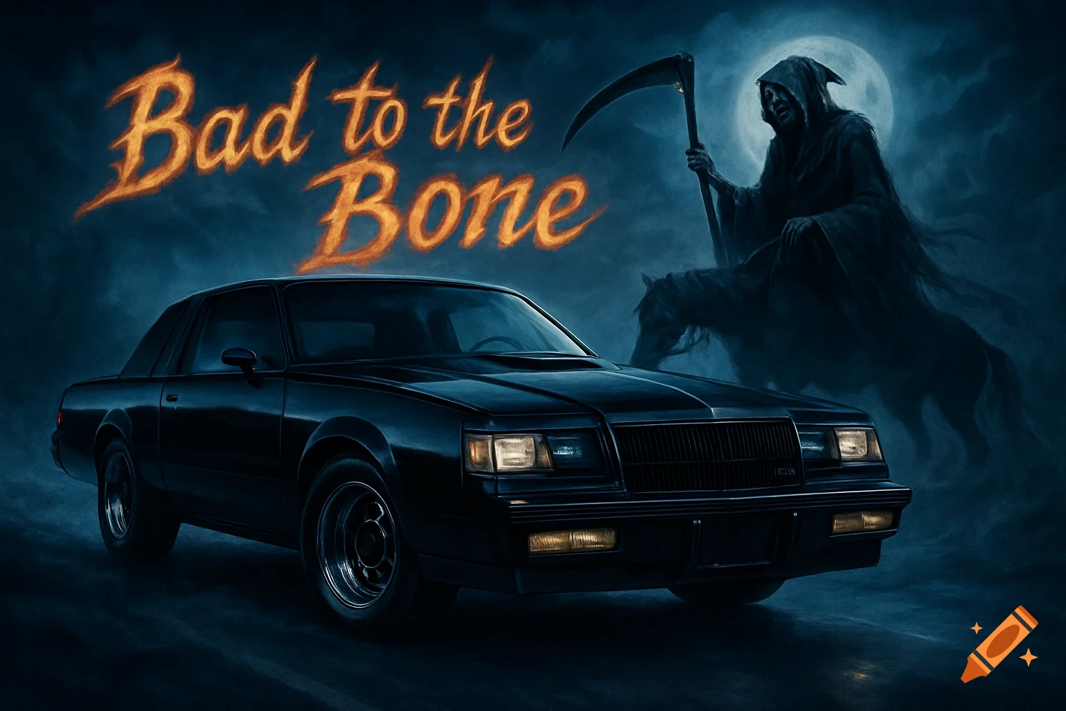 Dark illustration of a black Buick Grand National with the Grim Reaper on horseback under a full moon, with 'Bad to the Bone' text.