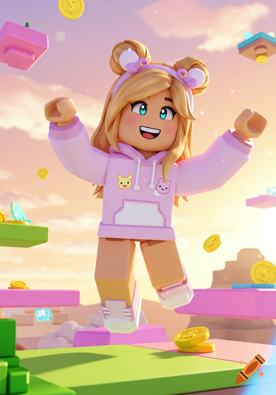 A cheerful Roblox girl character in a pink hoodie jumps on colorful platforms amidst floating gold coins under a bright sky.
