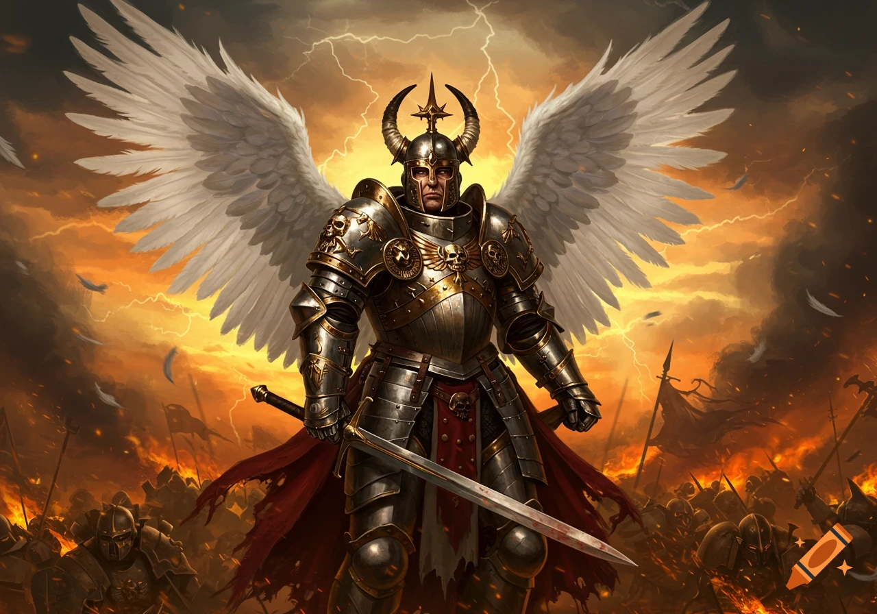 A heavily armored winged warrior knight with a horned helmet stands on a fiery, lightning-struck battlefield, holding a sword.