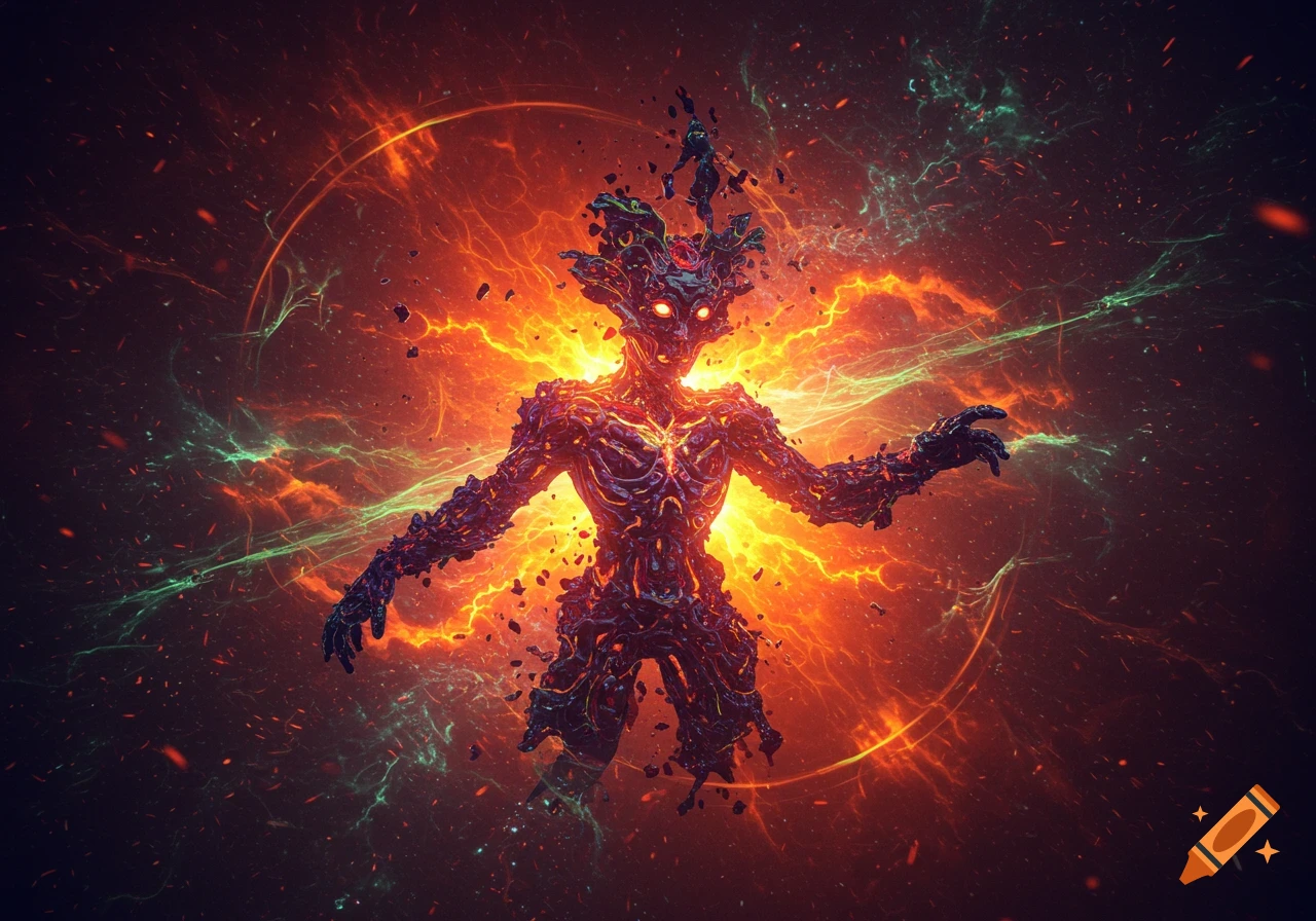 A monstrous, fiery creature of dark, gnarled matter with glowing eyes, surrounded by red energy and green lightning.