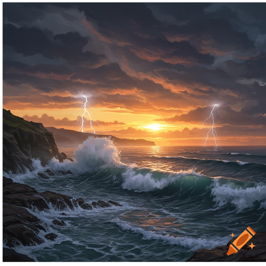 Dramatic seascape of a stormy ocean with large waves crashing on rocks, lit by a fiery sunset sky with lightning.