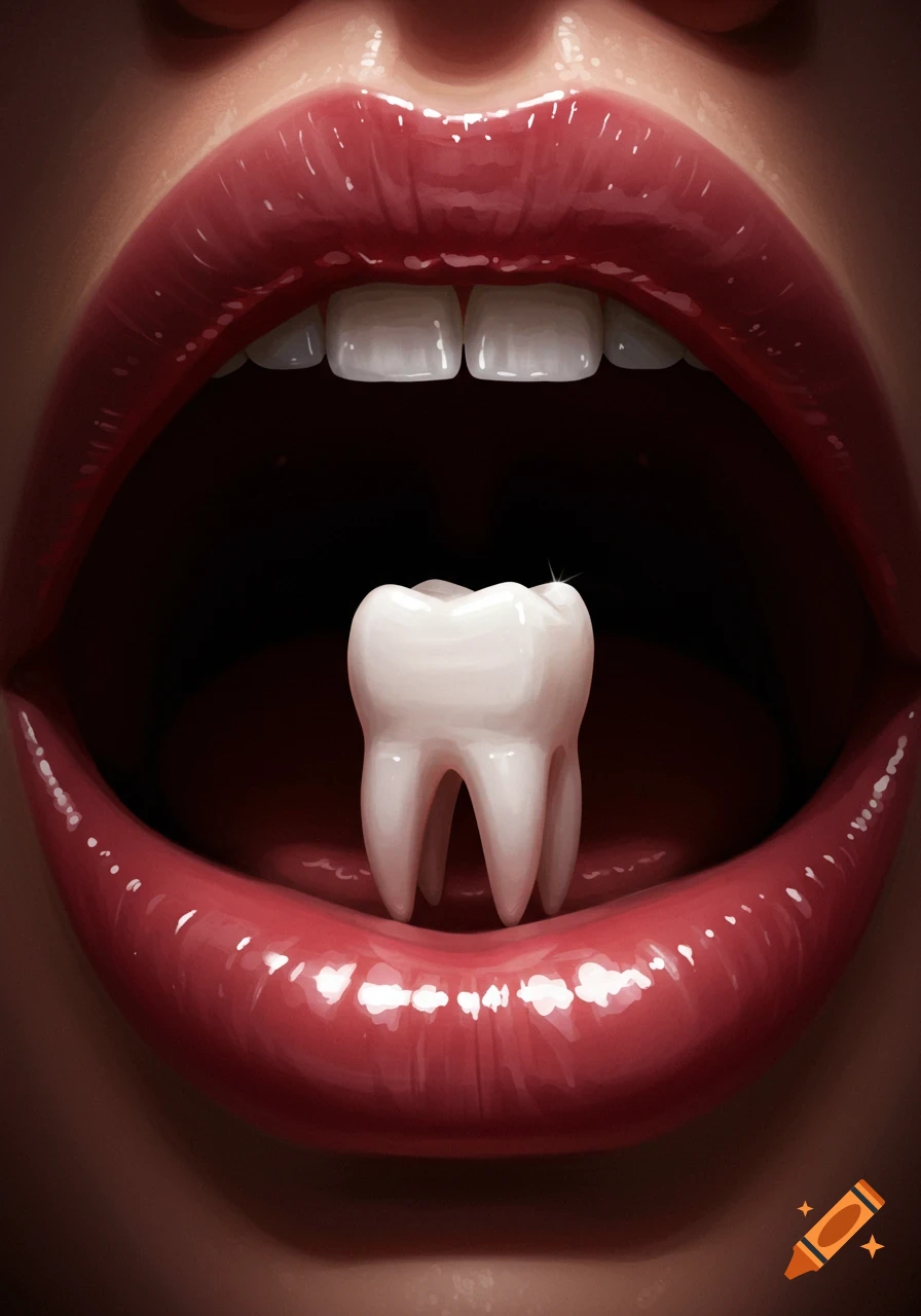 Close-up of a wide-open mouth with glossy red lips, showing a single white molar tooth on the tongue.