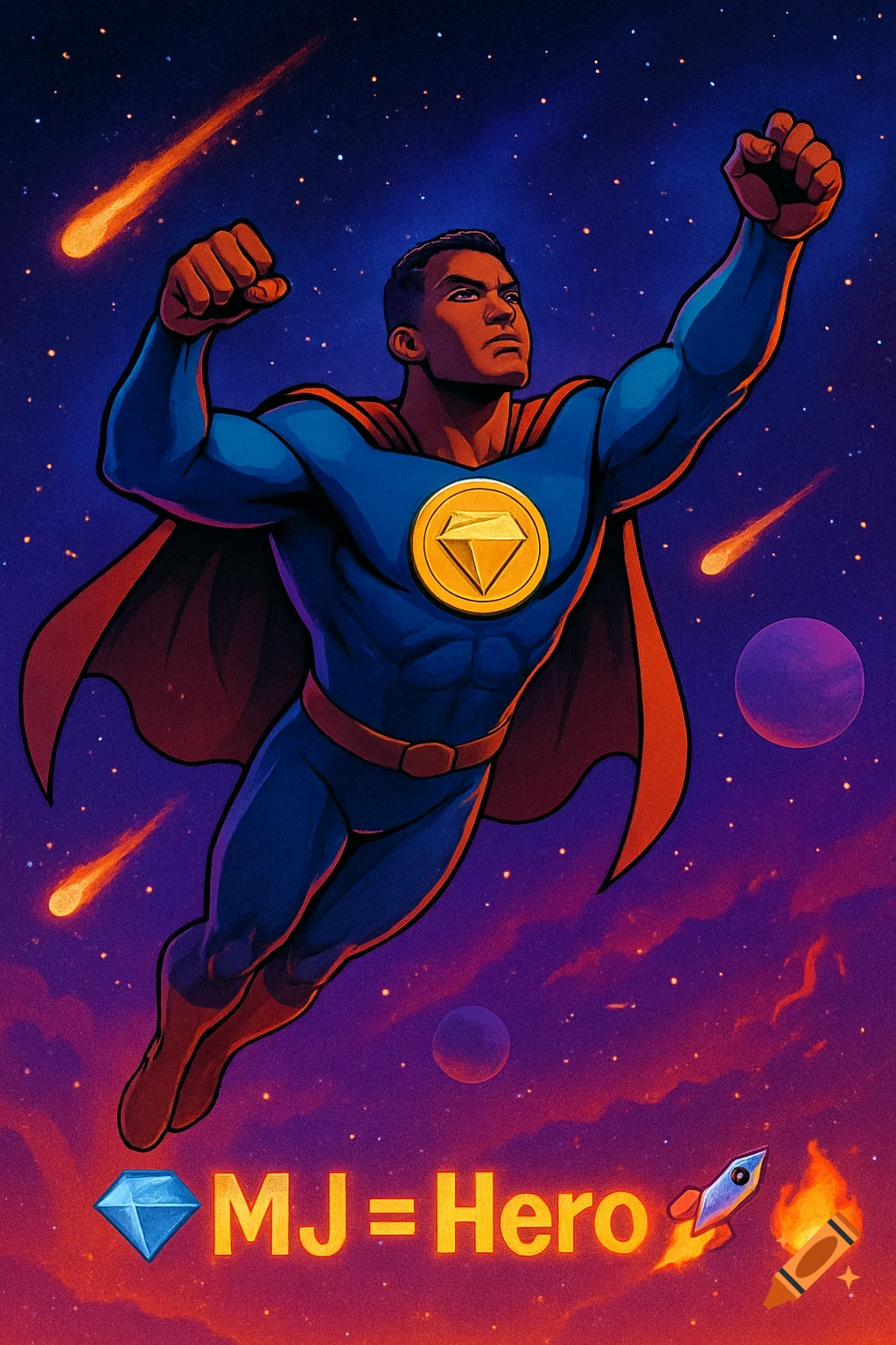 A Black superhero in a blue suit and red cape flies through a starry purple-orange nebula, with text 💎MJ = Hero 🚀🔥.
