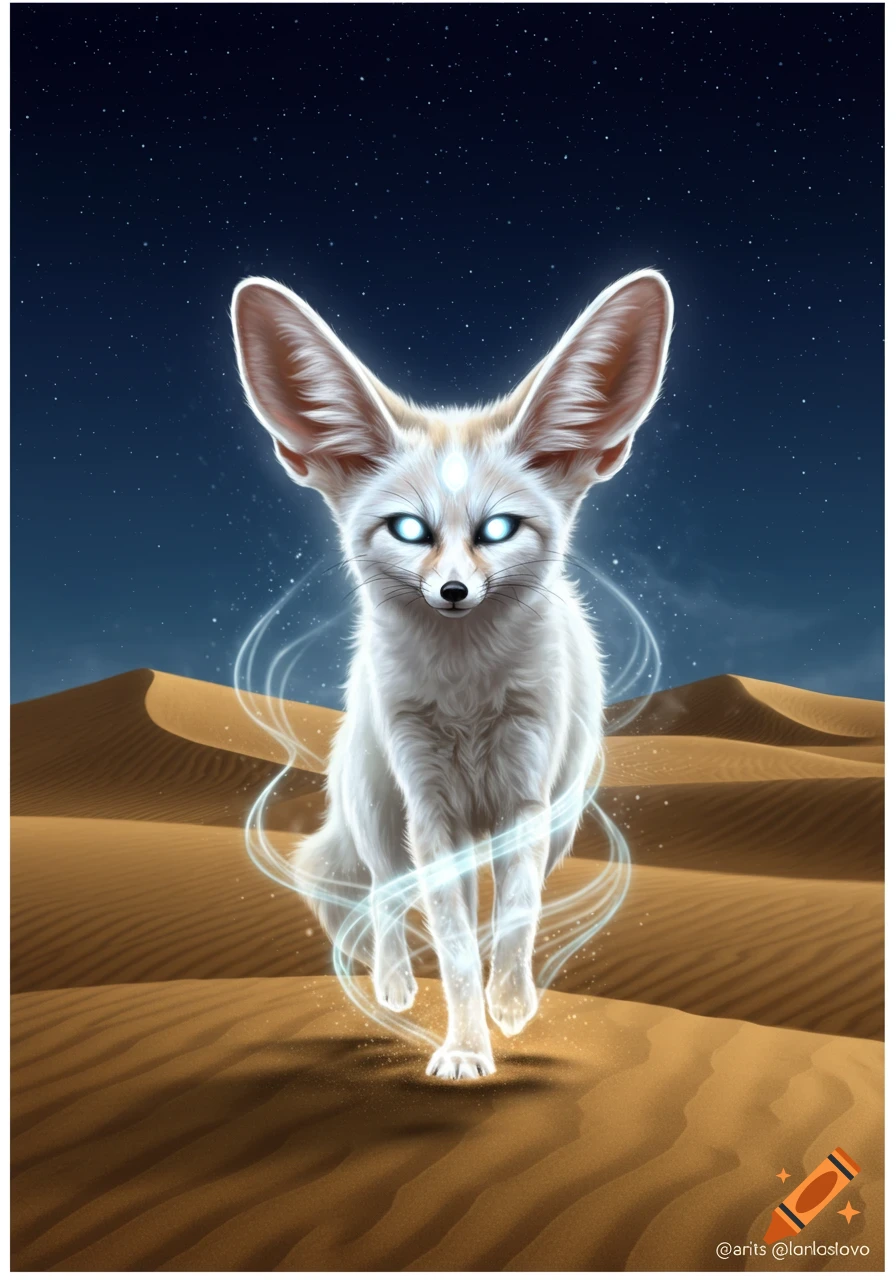 A glowing white fennec fox with bright blue eyes stands on sand dunes under a starry night sky, surrounded by mystical blue light trails.