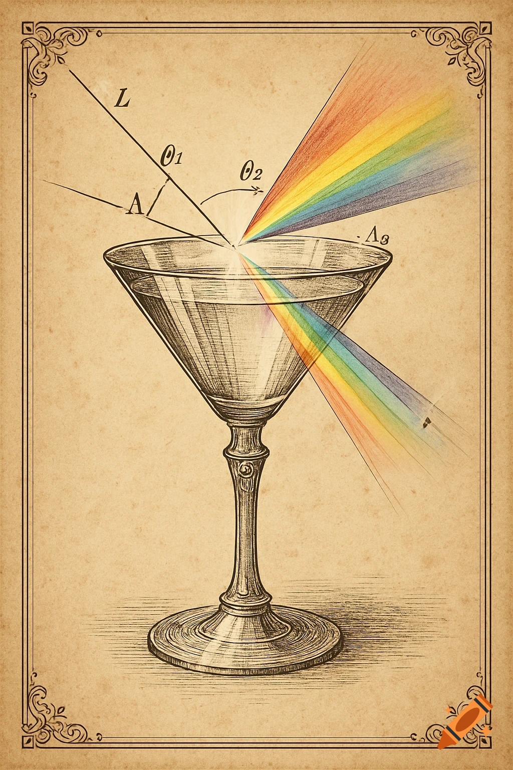 Vintage diagram showing light refracting through a martini glass, splitting into a rainbow with labeled angles.