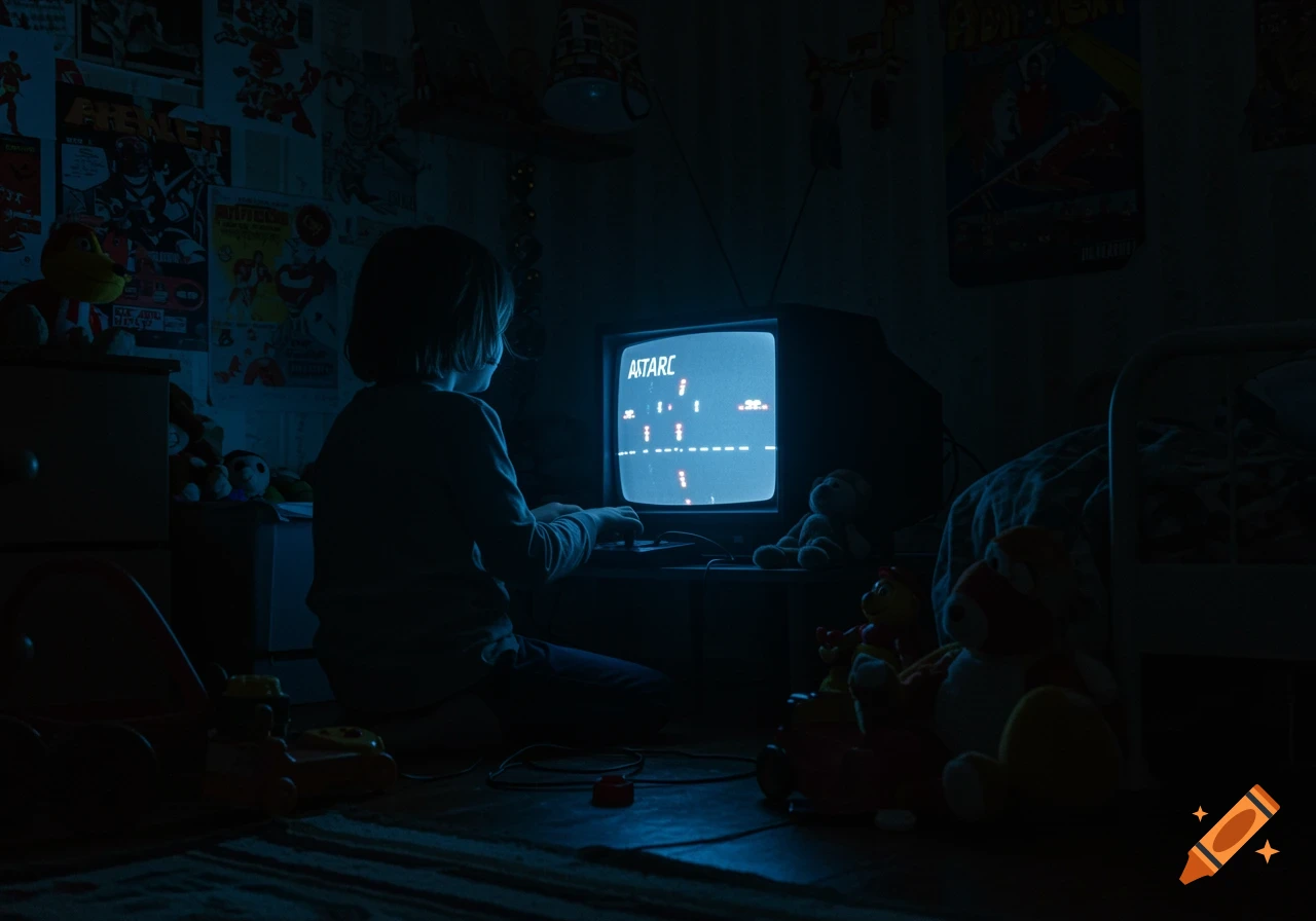 A child sits on the floor in a dark bedroom, playing a vintage video game on a glowing CRT TV.
