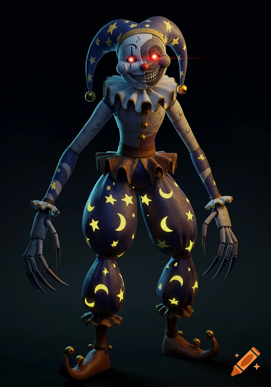 Creepy animatronic clown with a split moon face, glowing red eyes, jester hat, starry pants, and clawed hands.
