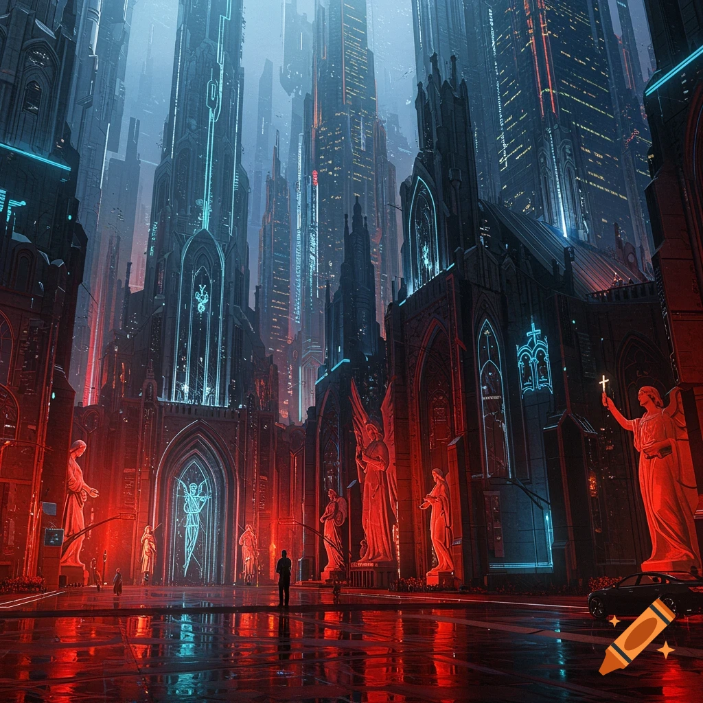 A dark cyberpunk city street with towering gothic architecture and statues bathed in red and blue neon light, reflecting on the wet ground.