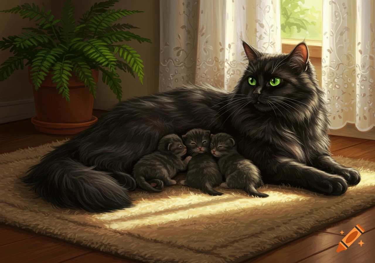 A fluffy black cat with bright green eyes lies on a sunny rug with three small kittens nestled beside her, near a potted fern and a window.