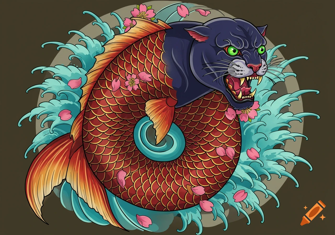 Japanese tattoo illustration of a black panther head on a red koi fish body, surrounded by teal waves and pink cherry blossoms.
