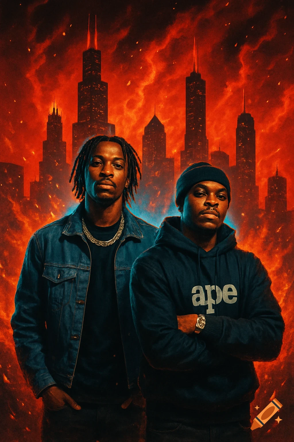 Two men, one in denim, one in a 'ape' hoodie, against a fiery, stylized Chicago skyline. Dramatic, poster-like digital art.